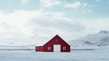 Fototapeta premium Snowy Landscape with a Red Barn and White Door Against a Winter Sky in Rural Setting