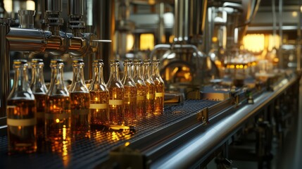 Naklejka premium Bottles on a production line in a factory.