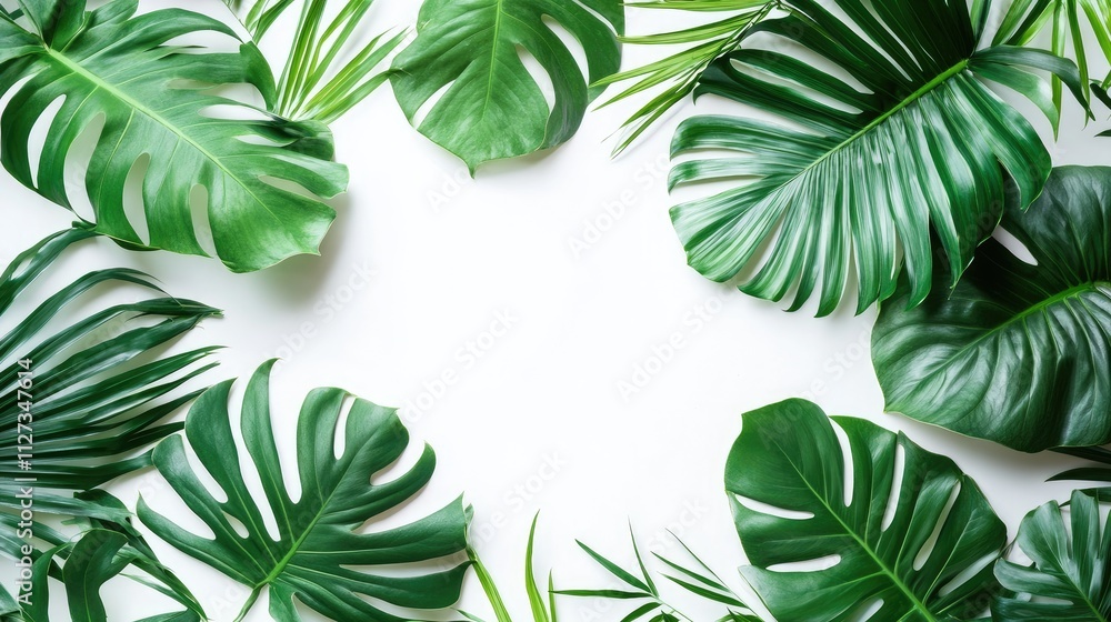 Wall mural Blank photo frame mockup surrounded by tropical palm leaves on a white background perfect for summer themed designs and creative projects