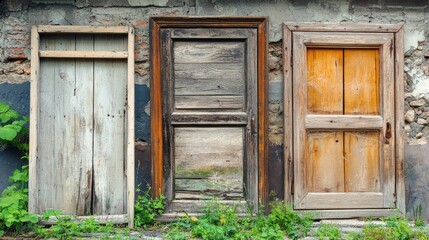 Abandoned vintage wooden doors and frames with peeling paint overgrown with greenery in a rustic outdoor setting
