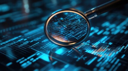 Digital magnifying glass over abstract data visualization representing online search and technology exploration concepts.