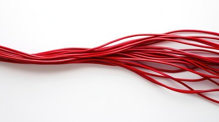 Red electrical wires on a white background showcasing their texture and flexibility for design or electrical concepts.