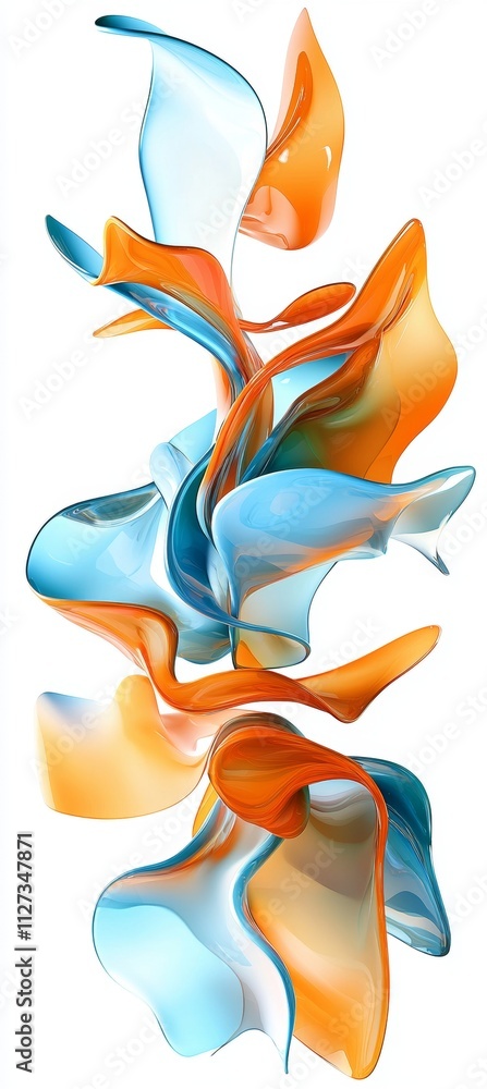 Poster orange and blue abstract shapes intertwining and flowing, creating a dynamic and visually appealing 
