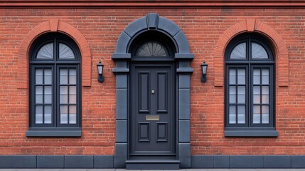 Fototapeta premium Elegant red brick wall featuring arched doors and windows with black accents and vintage styling for architectural inspiration
