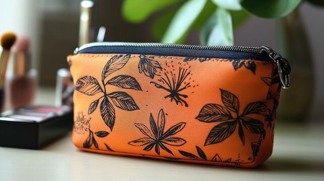Stylish orange floral makeup pouch perfect for women featuring a zipper and elegant design ideal for beauty enthusiasts.