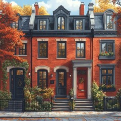Charming row of brick townhouses adorned with autumn foliage and vibrant decorations.