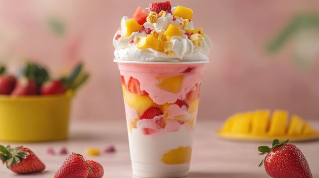 Refreshing summer falooda dessert with strawberry and mango ice cream topped with fresh fruits and whipped cream in a disposable glass