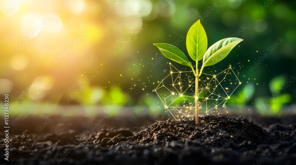 Poster innovative environmental conservation: small sprout emerging from rich soil with glowing polygon mes