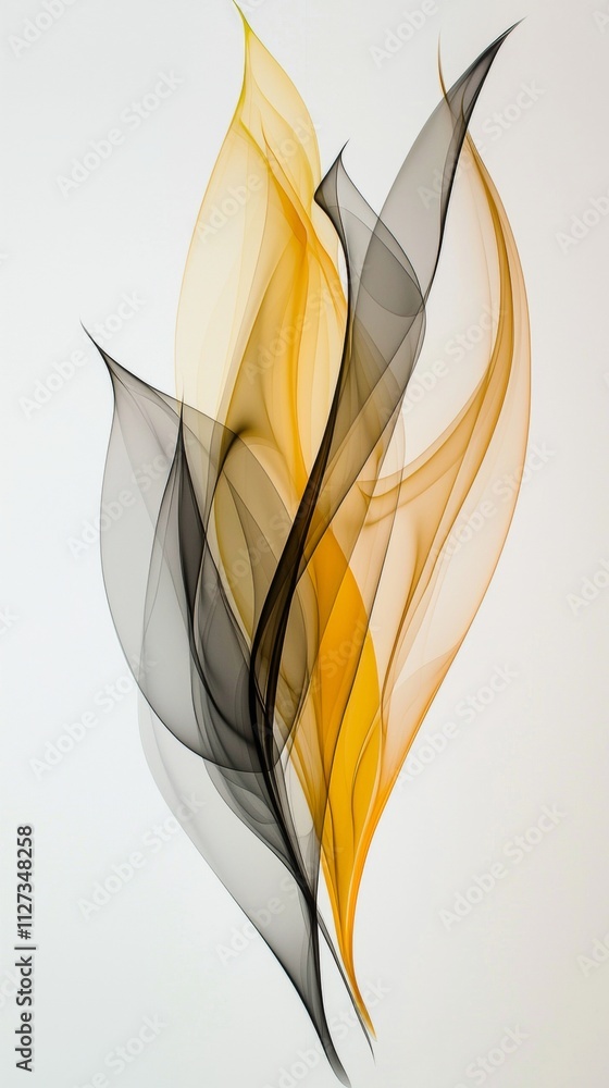 Poster yellow and black abstract lines intertwining and creating a dynamic, flowing design on a light gray 