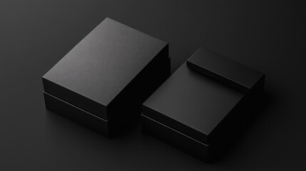 Stylish minimalist black boxes for shoes gifts or delivery captured from a top front angle ideal for packaging and design concepts