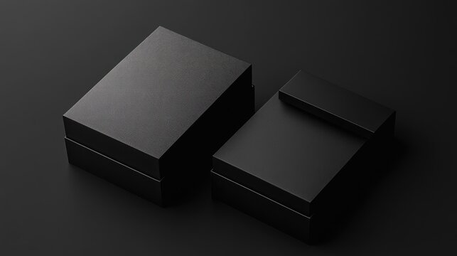 Stylish minimalist black boxes for shoes gifts or delivery captured from a top front angle ideal for packaging and design concepts