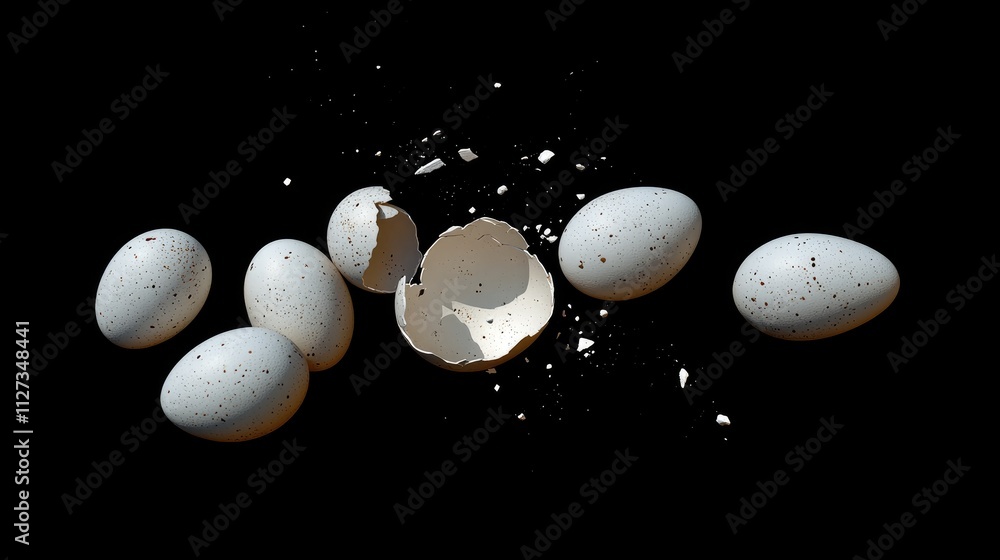 Poster group of white eggs on a black background featuring one broken egg shell symbolizing fragility and n
