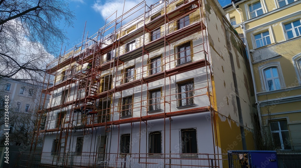 Poster modern building renovation with scaffolding showcasing insulation and facade work using polystyrene 