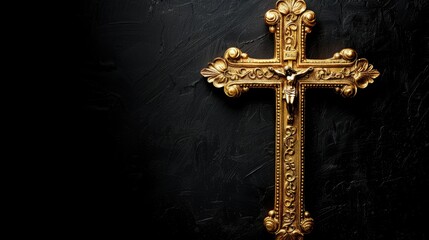 Ornate gold crucifix on dark textured background.