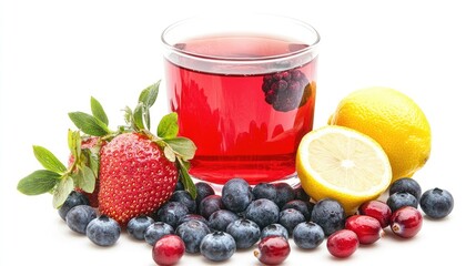Herbal tea with cranberry blueberry strawberry and lemon on a white background showcasing a vibrant refreshing beverage choice