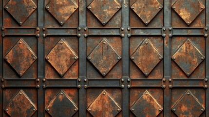 High resolution textured pattern of weathered rusted metal tiles with diamond shapes and rivets
