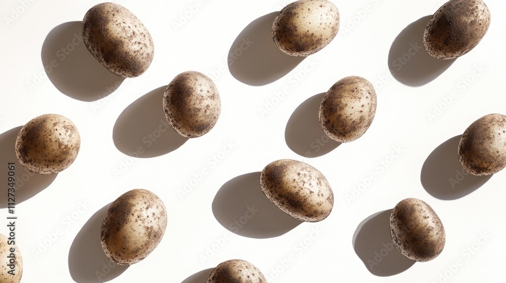 Poster potatoes arranged in a scattered pattern casting shadows on a bright white background showcasing the