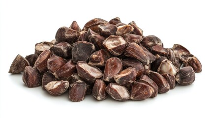 Obraz premium Pile of roasted edible chestnuts on a clean white background showcasing their rich texture and color ideal for culinary presentations and recipes