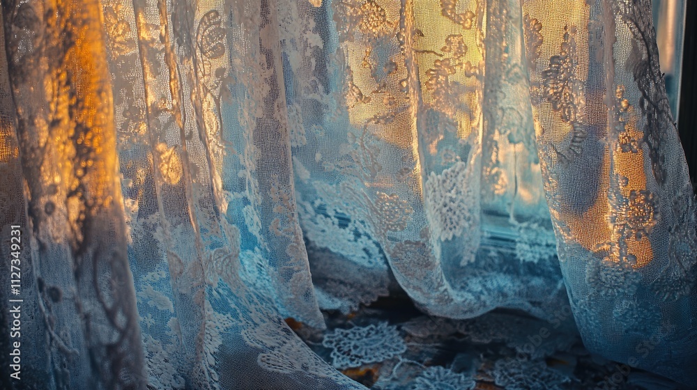 Poster lace curtain softly filtering warm light through a window creating an ethereal and tranquil atmosphe