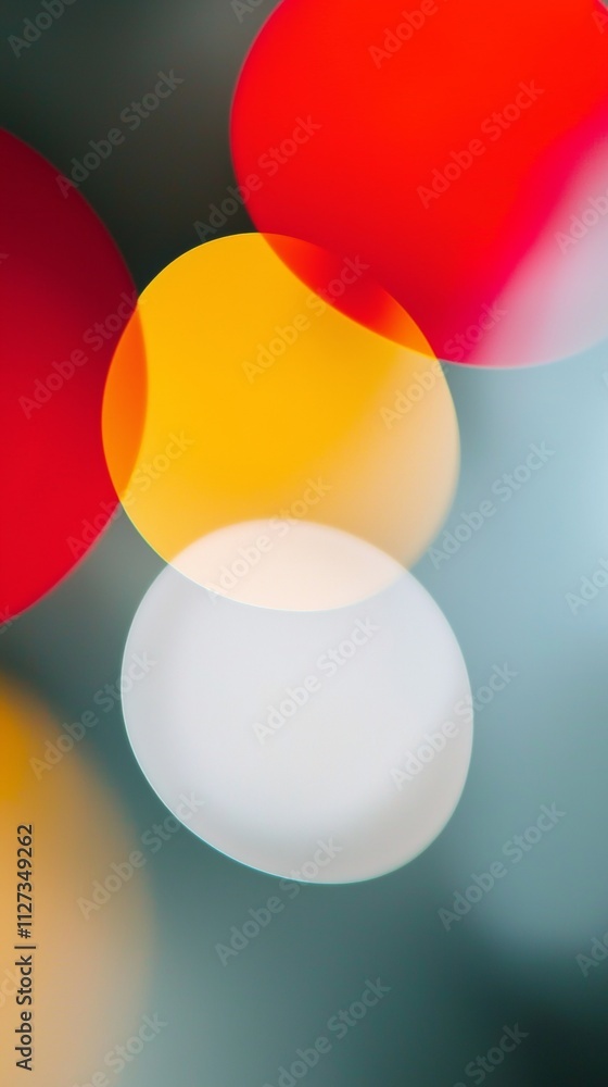 Poster blurred lights creating overlapping bokeh circles in red, yellow and white on a teal background evok
