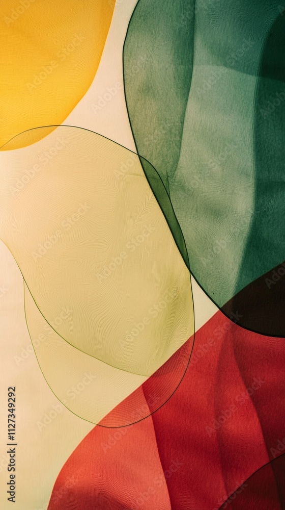Poster abstract composition featuring overlapping rounded shapes in various colors, creating a visually app