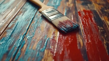 Paint brush on wooden table with colorful paint strokes showcasing home renovation and artistic decoration for interiors and DIY projects