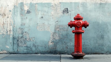 Vintage red fire hydrant against a weathered blue wall on a city street creating an urban aesthetic in a public space.
