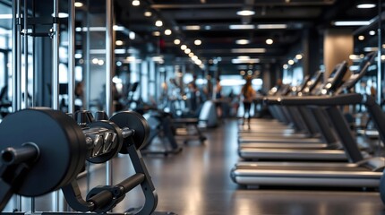 Fototapeta premium Well-Equipped Fitness Center with Modern Exercise Machines, People Working Out in the Background