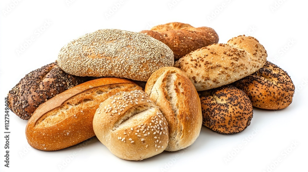 Poster assorted types of fresh rusks arranged neatly on a white background showcasing their textures and fl