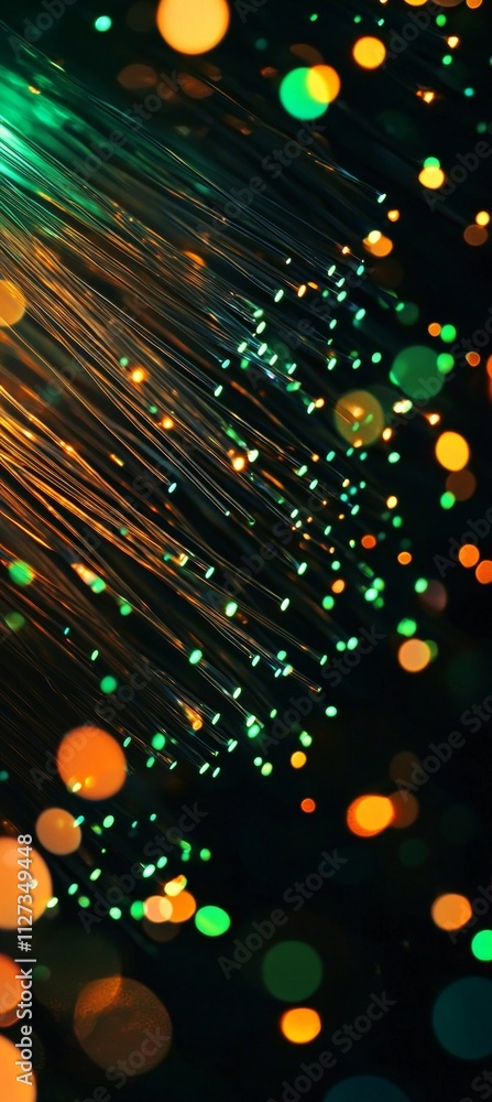 Poster fiber optic cables transmitting data, creating a mesmerizing bokeh effect with colorful green and or