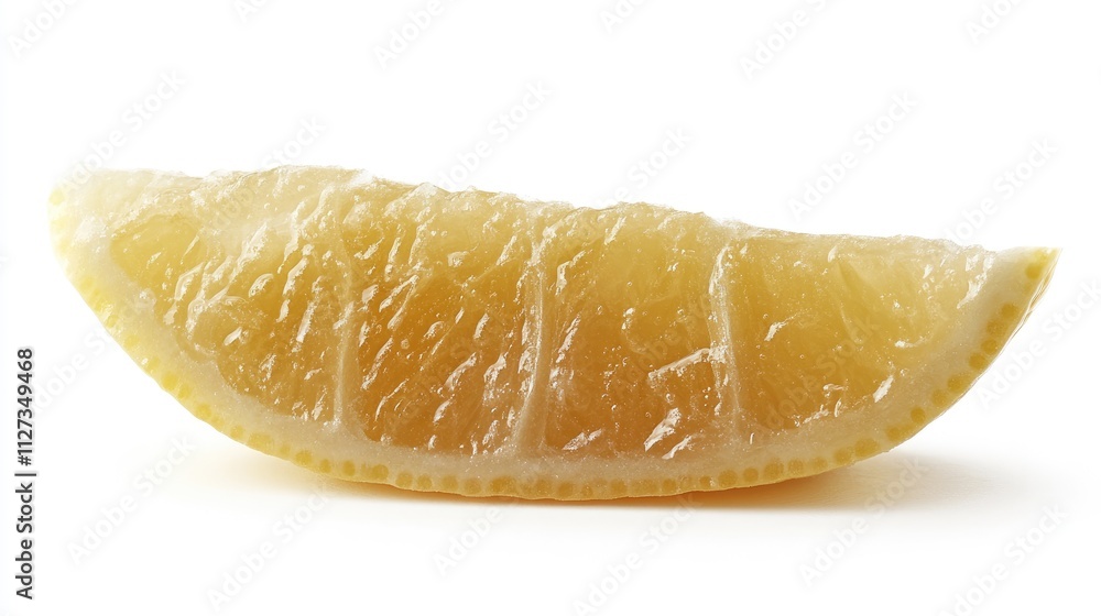 Poster close up of a fresh sliced lemon segment showcasing its juicy texture on a clean white background fo