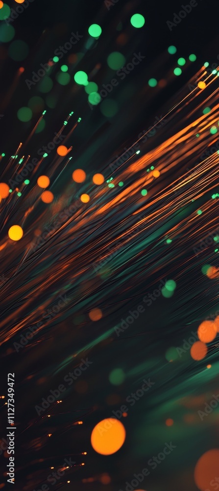 Poster fiber optic cables transmitting data create a captivating scene, featuring an orange and green bokeh