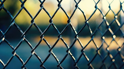Fototapeta premium Decorative chain link fence close-up providing security and privacy for residential properties in a peaceful outdoor setting.
