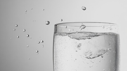 Freshly poured glass of water with splashes and droplets against a minimalistic gray background showcasing hydration and purity