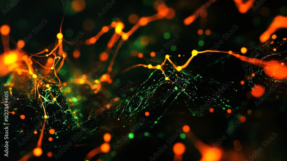 Aufkleber abstract plexus orange and green background with connecting lines and dots evolving, growing, and fo