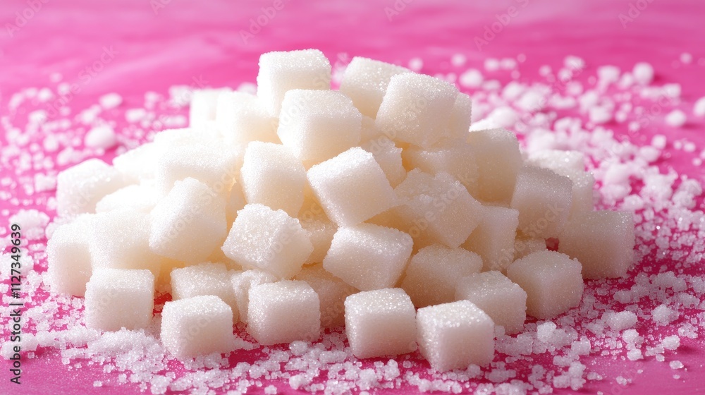 Poster piles of white sugar cubes scattered over a vibrant pink background creating an appealing and colorf