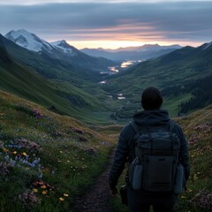 Exploring a serene mountain valley at sunset
