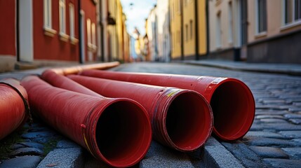 Red plastic pipes placed on cobblestone street ready for construction work in colorful urban environment.