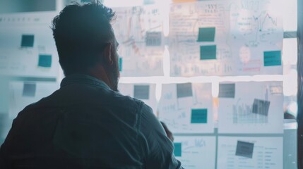 Businessman is analyzing data displayed on sticky notes and charts on a glass wall, indicating strategic planning or problem solving in a modern office environment