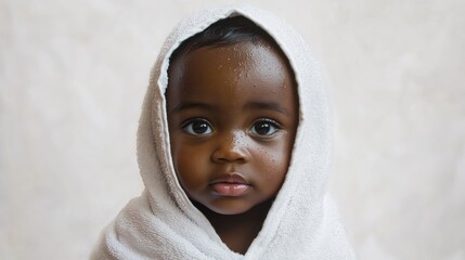Obraz premium Adorable baby wrapped in a towel with soft skin against a neutral backdrop conveying innocence and warmth. Perfect for family and childhood themes.