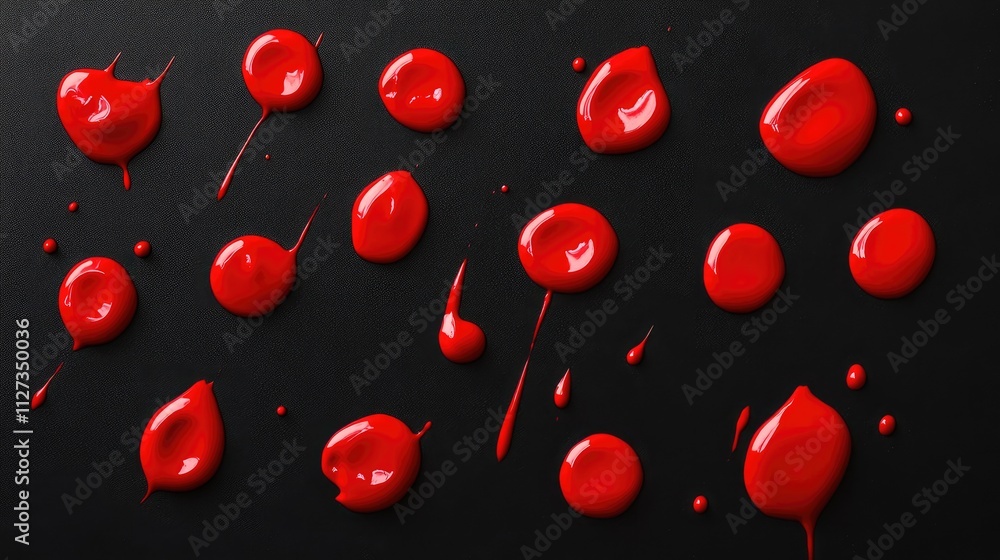 Poster red paint droplets scattered on a smooth black surface creating a striking visual contrast and artis