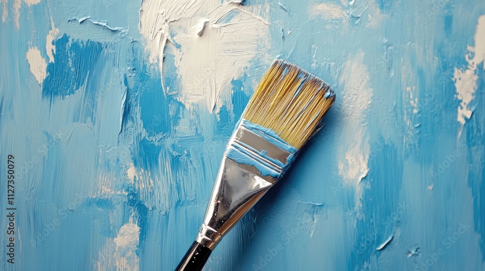 Poster Brush with blue paint on a textured canvas surface showcasing creative art background and color mixing technique in a studio setting
