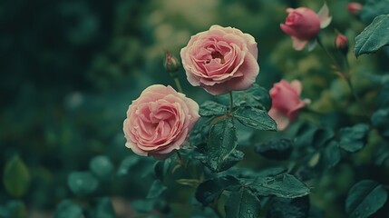 Closeup of delicate pink roses surrounded by lush green foliage in a vibrant summer garden setting.