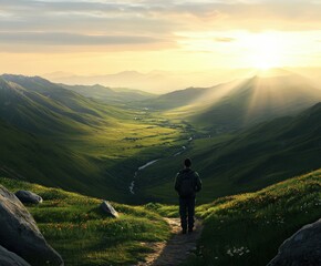 Fototapeta premium Hiker gazes at sunset over a lush valley in mountains