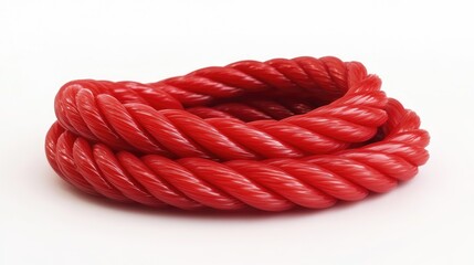 Twisted red plastic rope curled on a clean white background showcasing its texture and vibrant color perfect for various design applications