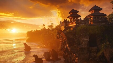 Tropical sunset view from a cliffside terrace with hammocks overlooking ocean waves and a historical temple silhouette