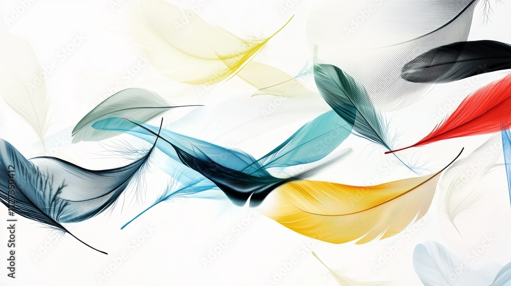 Poster colorful feathers gently floating on a pristine white background create a vibrant and ethereal scene