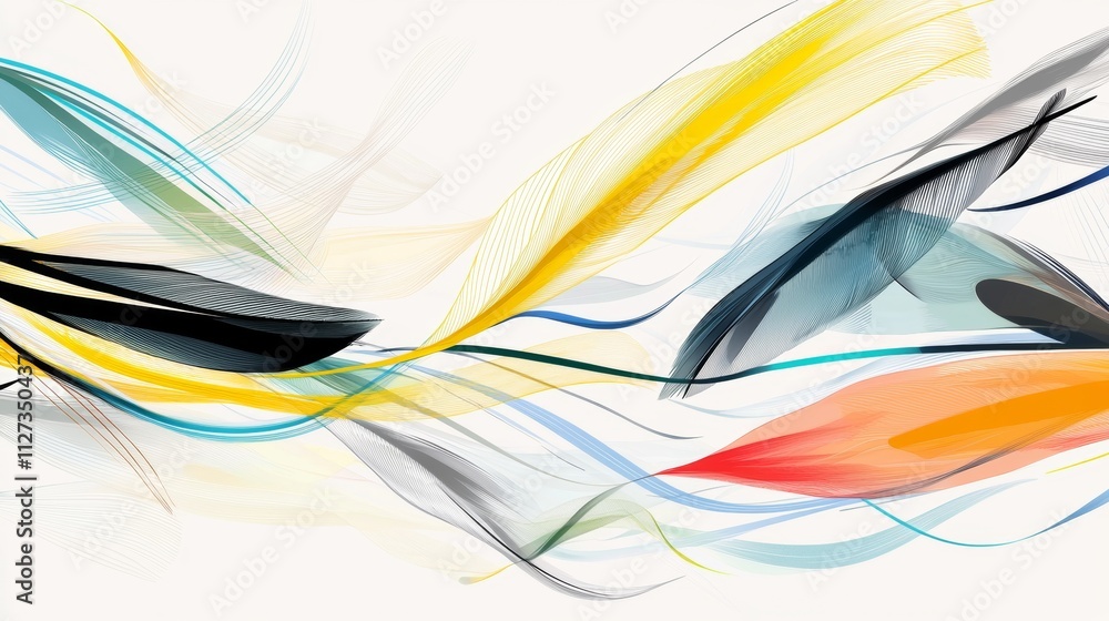 Poster abstract composition featuring dynamic lines and shapes in various colors, creating a sense of movem