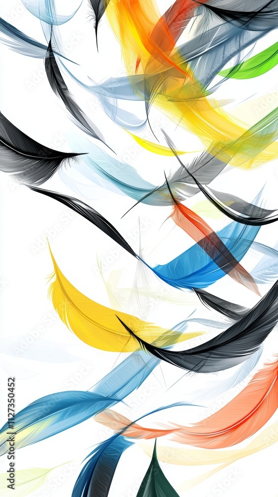 Poster colorful feathers falling against a clean white backdrop create a vibrant, dynamic visual, evoking l