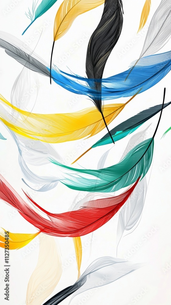 Poster colorful feathers gently floating on a pristine white background create a vibrant and dynamic compos
